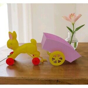 Empire Vtg Easter Blow Mold Bunny Rabbit & Cart Pull Toy Yellow Pink  1960's
